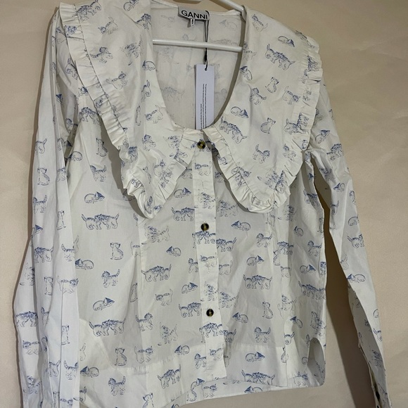NWT Ganni Ruffled Collar Kitten Print Blouse - Picture 3 of 8